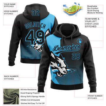 Custom Stitched Black Black-Sky Blue 3D Pattern Design Wolf Sports Pullover Sweatshirt Hoodie