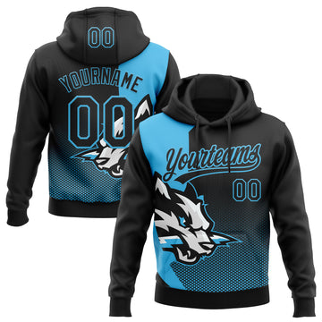 Custom Stitched Black Black-Sky Blue 3D Pattern Design Wolf Sports Pullover Sweatshirt Hoodie