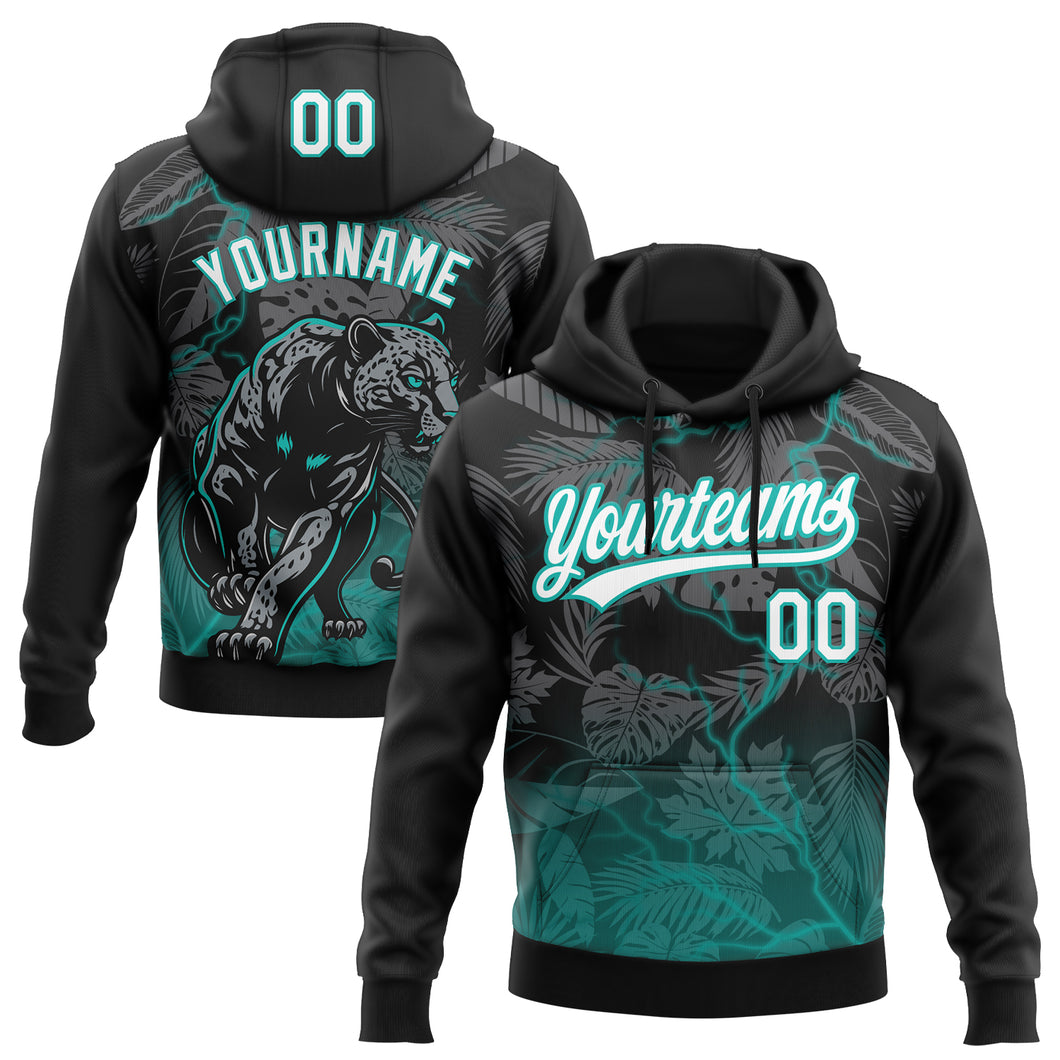 Custom Stitched Black White-Teal 3D Pattern Design Leopardo Sports Pullover Sweatshirt Hoodie