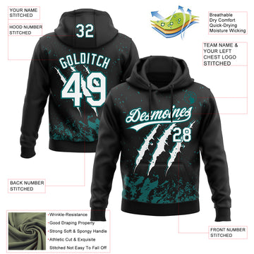 Custom Stitched Black White-Teal 3D Pattern Design Leopardo Scratch Sports Pullover Sweatshirt Hoodie