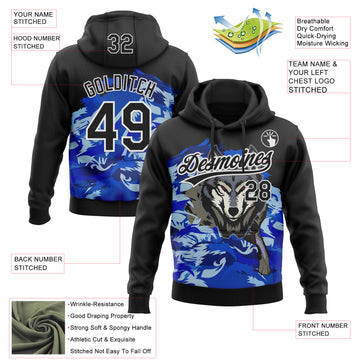 Custom Stitched Royal Black White-Sky Blue 3D Pattern Design Wolf Sports Pullover Sweatshirt Hoodie