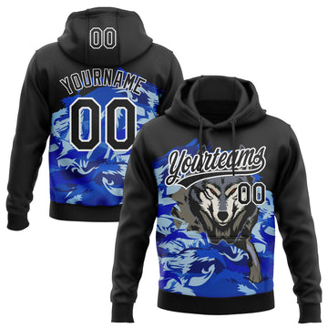Custom Stitched Royal Black White-Sky Blue 3D Pattern Design Wolf Sports Pullover Sweatshirt Hoodie