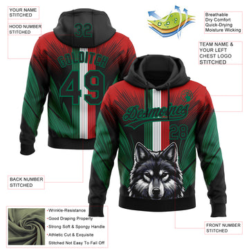 Custom Stitched Red Black-Kelly Green 3D Pattern Design Wolf Sports Pullover Sweatshirt Hoodie