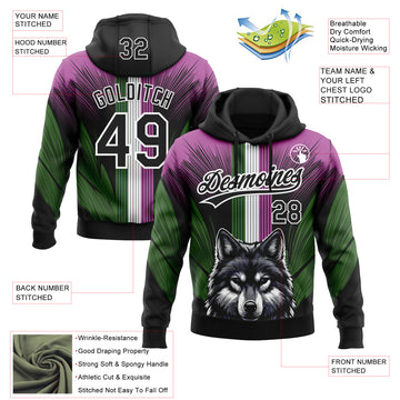 Custom Stitched Medium Purple Black White-Aurora Green 3D Pattern Design Wolf Sports Pullover Sweatshirt Hoodie