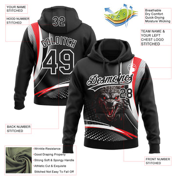 Custom Stitched Red Black-White 3D Pattern Design Wolf Sports Pullover Sweatshirt Hoodie