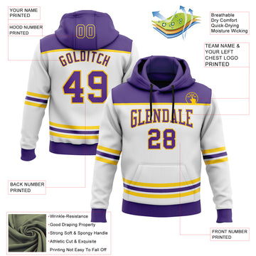 Custom White Purple-Yellow 3D Pattern Design Game Day Los Angeles Inspired Sports Pullover Sweatshirt Hoodie
