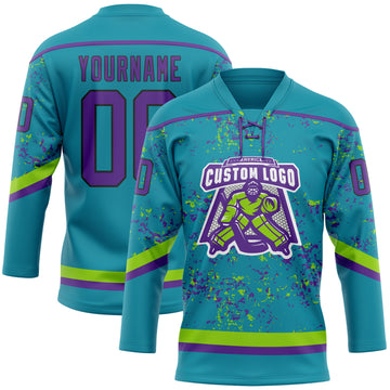 Custom Teal Purple Neon Green-Black 3D Pattern Fragment Art Hockey Lace Neck Jersey