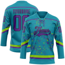 Laden Sie das Bild in den Galerie-Viewer, Custom Teal Purple Neon Green-Black 3D Pattern Fragment Art Hockey Lace Neck Jersey
