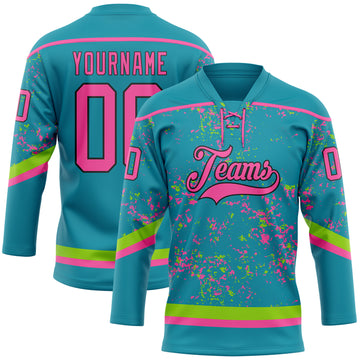 Custom Teal Pink Neon Green-Black 3D Pattern Fragment Art Hockey Lace Neck Jersey