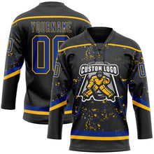 Загрузить изображение в средство просмотра галереи, Custom Black Royal-Gold 3D Pattern Fragment Art Hockey Lace Neck Jersey
