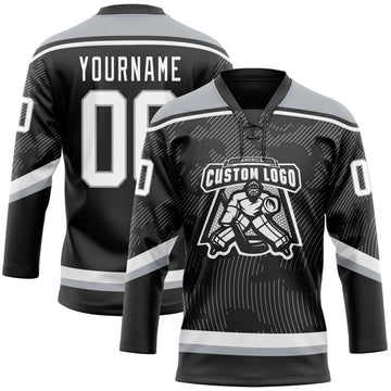 Custom Black White-Gray 3D Pattern Curve Lines Hockey Lace Neck Jersey