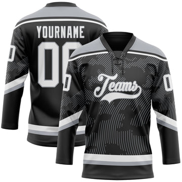 Custom Black White-Gray 3D Pattern Curve Lines Hockey Lace Neck Jersey