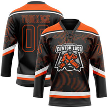 Загрузить изображение в средство просмотра галереи, Custom Black Orange-White 3D Pattern Curve Lines Hockey Lace Neck Jersey
