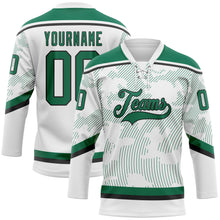 Load image into Gallery viewer, Custom White Kelly Green-Black 3D Pattern Curve Lines Hockey Lace Neck Jersey
