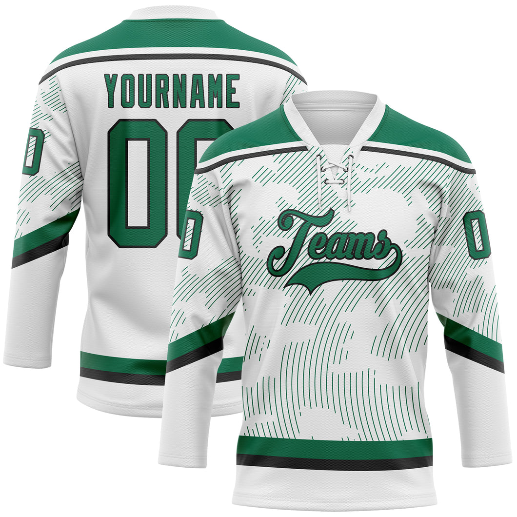 Custom White Kelly Green-Black 3D Pattern Curve Lines Hockey Lace Neck Jersey