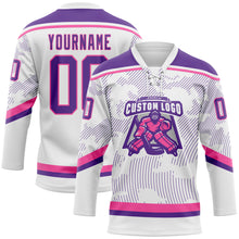 Laden Sie das Bild in den Galerie-Viewer, Custom White Purple-Pink 3D Pattern Curve Lines Hockey Lace Neck Jersey
