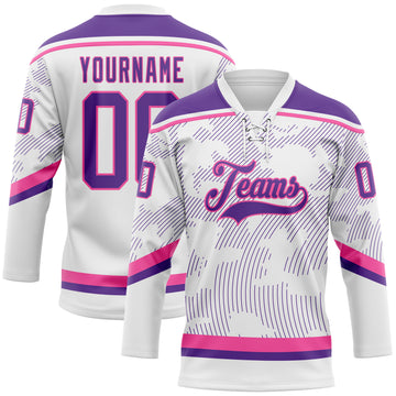 Custom White Purple-Pink 3D Pattern Curve Lines Hockey Lace Neck Jersey