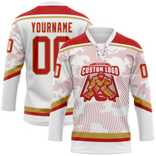 Charger l&#39;image dans la galerie, Custom White Red-Old Gold 3D Pattern Curve Lines Hockey Lace Neck Jersey
