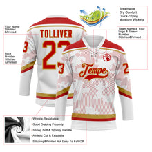 Charger l&#39;image dans la galerie, Custom White Red-Old Gold 3D Pattern Curve Lines Hockey Lace Neck Jersey
