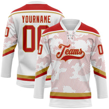 Charger l&#39;image dans la galerie, Custom White Red-Old Gold 3D Pattern Curve Lines Hockey Lace Neck Jersey
