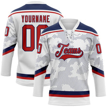 Load image into Gallery viewer, Custom White Red-Navy 3D Pattern Curve Lines Hockey Lace Neck Jersey
