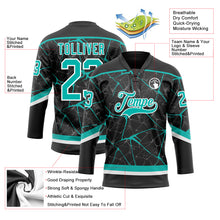 Laden Sie das Bild in den Galerie-Viewer, Custom Black Aqua-White 3D Pattern Abstract Network Hockey Lace Neck Jersey
