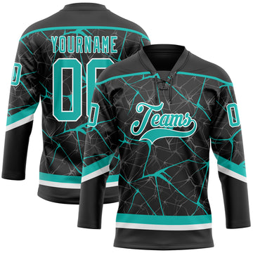 Custom Black Aqua-White 3D Pattern Abstract Network Hockey Lace Neck Jersey