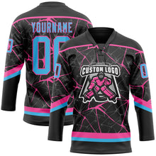 Загрузить изображение в средство просмотра галереи, Custom Black Sky Blue-Pink 3D Pattern Abstract Network Hockey Lace Neck Jersey
