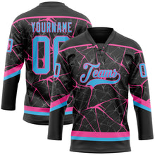 Загрузить изображение в средство просмотра галереи, Custom Black Sky Blue-Pink 3D Pattern Abstract Network Hockey Lace Neck Jersey
