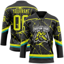 Load image into Gallery viewer, Custom Black Neon Yellow-Teal 3D Pattern Abstract Network Hockey Lace Neck Jersey
