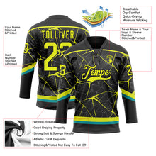 Load image into Gallery viewer, Custom Black Neon Yellow-Teal 3D Pattern Abstract Network Hockey Lace Neck Jersey
