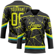 Load image into Gallery viewer, Custom Black Neon Yellow-Teal 3D Pattern Abstract Network Hockey Lace Neck Jersey
