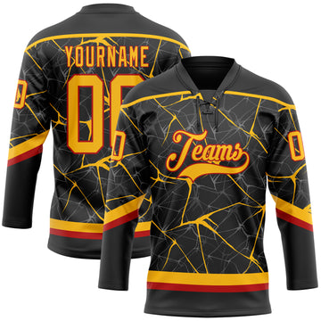 Custom Black Gold-Red 3D Pattern Abstract Network Hockey Lace Neck Jersey