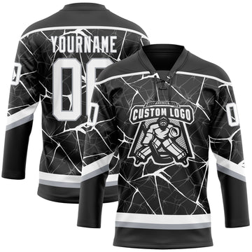 Custom Black White-Gray 3D Pattern Abstract Network Hockey Lace Neck Jersey