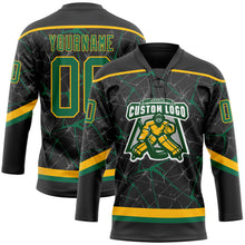 Загрузить изображение в средство просмотра галереи, Custom Black Kelly Green-Gold 3D Pattern Abstract Network Hockey Lace Neck Jersey
