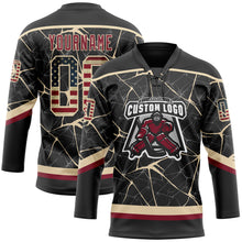 Загрузить изображение в средство просмотра галереи, Custom Black Vintage USA Flag Crimson-City Cream 3D Pattern Abstract Network Hockey Lace Neck Jersey
