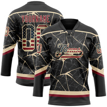 Загрузить изображение в средство просмотра галереи, Custom Black Vintage USA Flag Crimson-City Cream 3D Pattern Abstract Network Hockey Lace Neck Jersey

