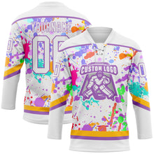 Load image into Gallery viewer, Custom Graffiti Pattern White Medium Purple-Gold 3D Splash Art Hockey Lace Neck Jersey
