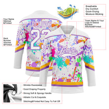 Load image into Gallery viewer, Custom Graffiti Pattern White Medium Purple-Gold 3D Splash Art Hockey Lace Neck Jersey
