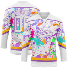 Load image into Gallery viewer, Custom Graffiti Pattern White Medium Purple-Gold 3D Splash Art Hockey Lace Neck Jersey
