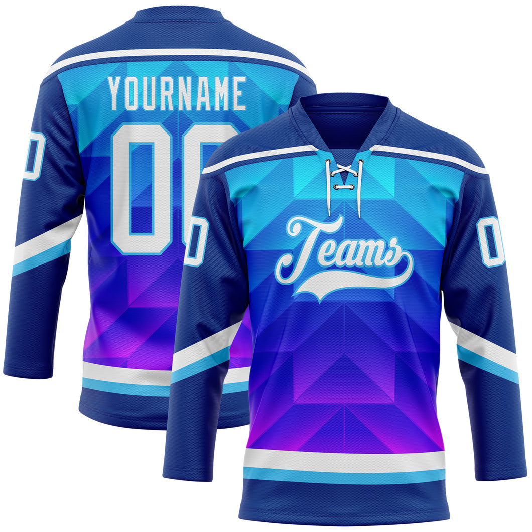 Custom Blue White Sky Blue-Purple 3D Pattern Gradient Geometric Shape Hockey Lace Neck Jersey