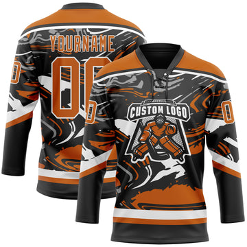 Custom Figure Texas Orange Black-White 3D Pattern Fluid Art Hockey Lace Neck Jersey
