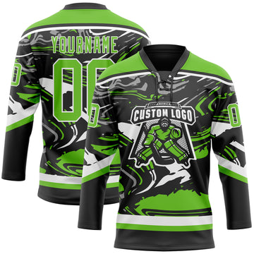 Custom Figure Aurora Green Black-White 3D Pattern Fluid Art Hockey Lace Neck Jersey