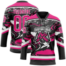 Load image into Gallery viewer, Custom Figure Hot Pink Black-White 3D Pattern Fluid Art Hockey Lace Neck Jersey
