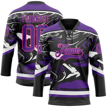 Custom Figure Purple Black Pink-White 3D Pattern Fluid Art Hockey Lace Neck Jersey