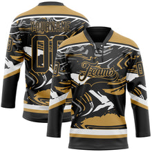 Загрузить изображение в средство просмотра галереи, Custom Figure Black Old Gold-White 3D Pattern Fluid Art Hockey Lace Neck Jersey

