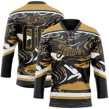 Custom Figure Black Old Gold-White 3D Pattern Fluid Art Hockey Lace Neck Jersey