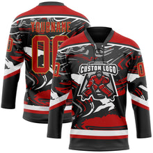 Загрузить изображение в средство просмотра галереи, Custom Figure Red Black Old Gold-White 3D Pattern Fluid Art Hockey Lace Neck Jersey
