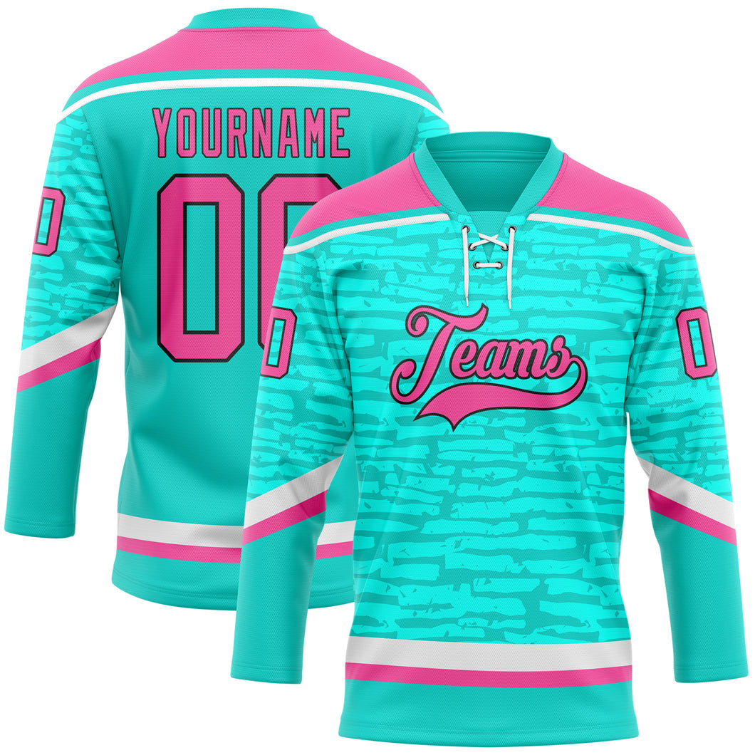 Custom Aqua Pink Black-White 3D Pattern Fragment Art Hockey Lace Neck Jersey