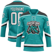 Laden Sie das Bild in den Galerie-Viewer, Custom Teal White-Black 3D Pattern Fragment Art Hockey Lace Neck Jersey
